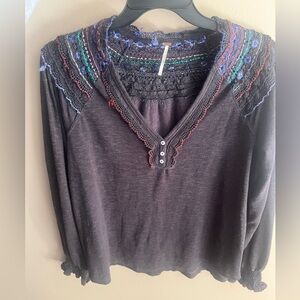 Free People Black Top with Colorful Lace Trim
